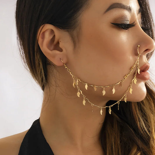 Gold Plated Tassel Earring & Nose Clip Chain