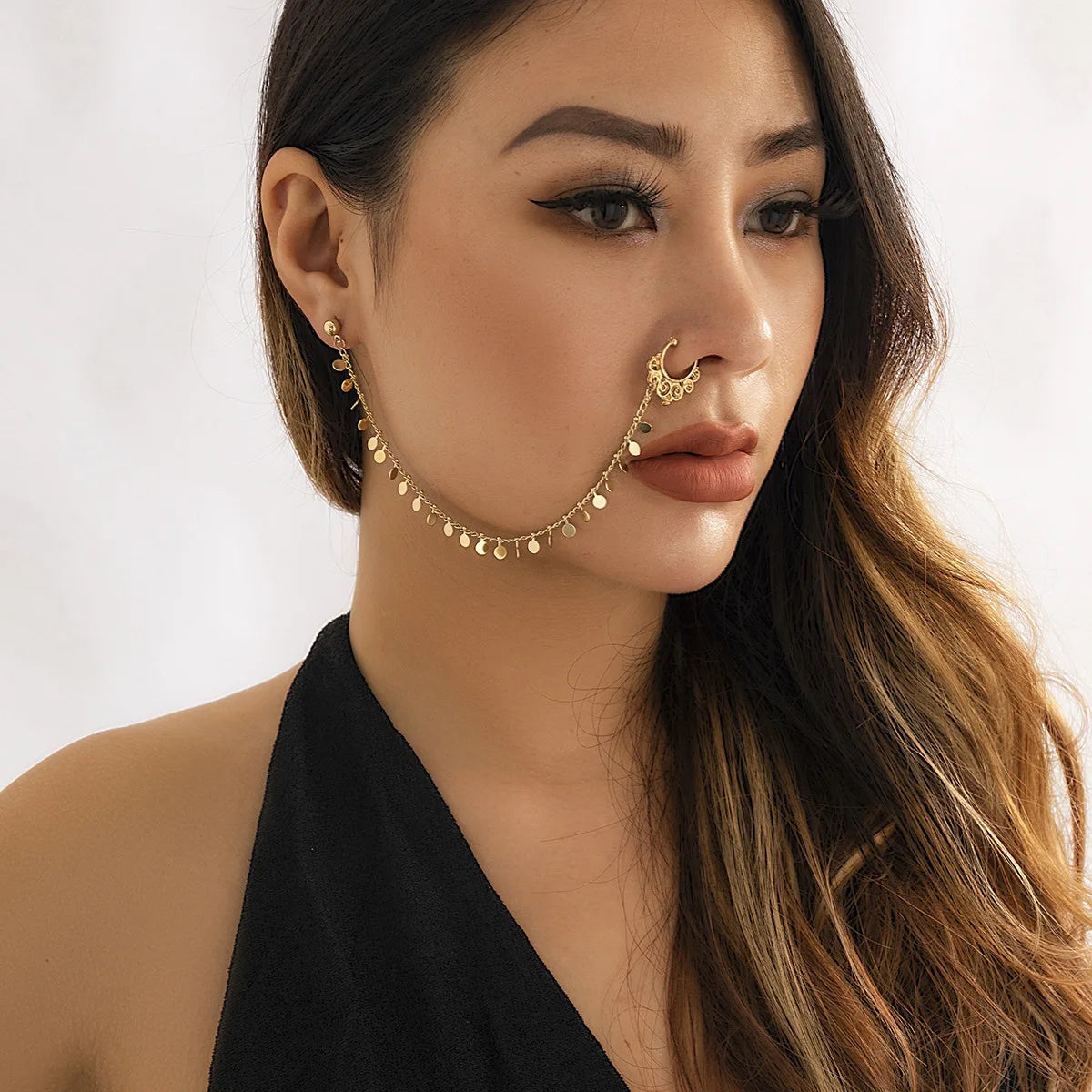 Gold Plated Tassel Earring & Nose Clip Chain