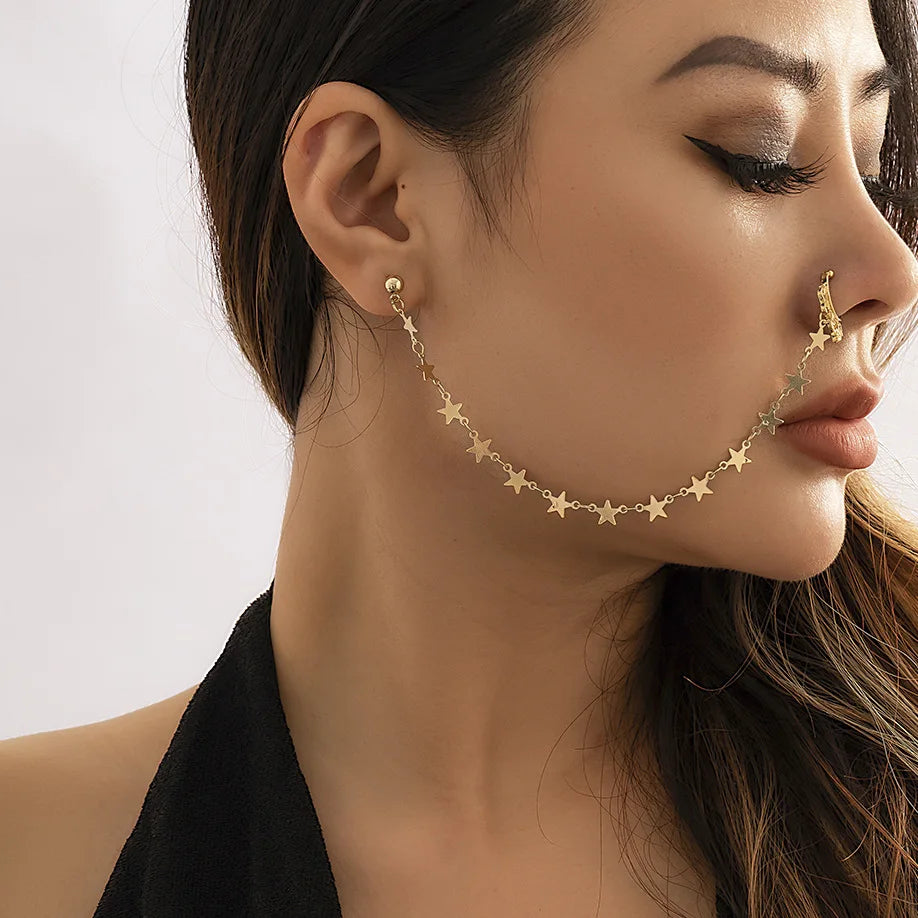 Gold Plated Tassel Earring & Nose Clip Chain