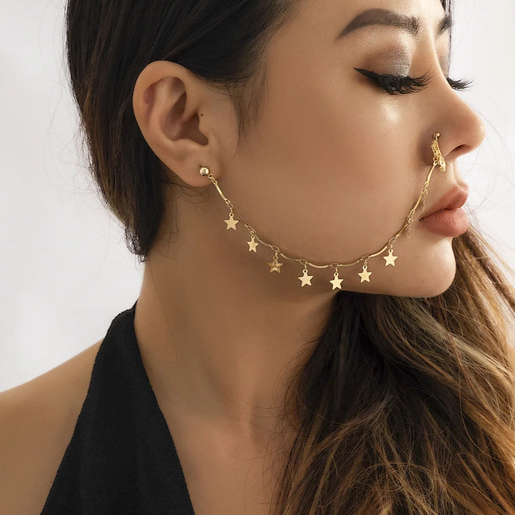 Gold Plated Tassel Earring & Nose Clip Chain