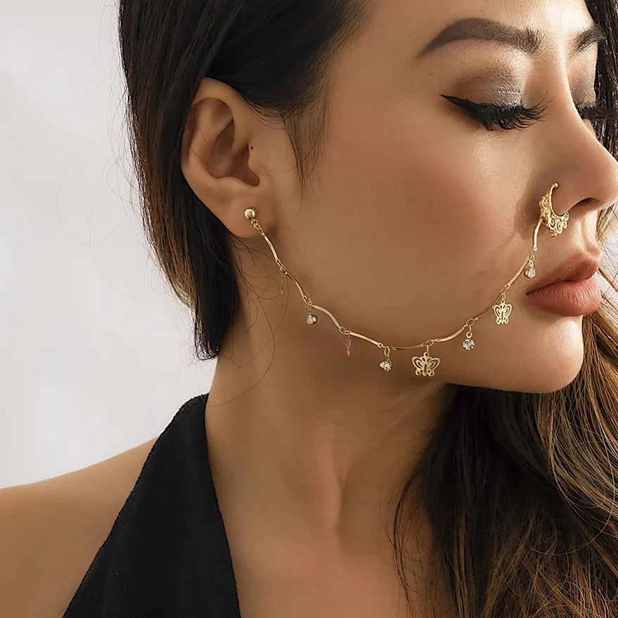 Gold Plated Tassel Earring & Nose Clip Chain