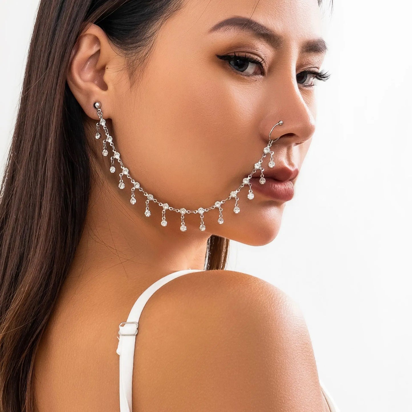 Gold Plated Tassel Earring & Nose Clip Chain