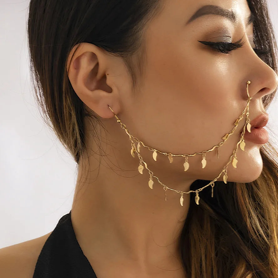 Gold Plated Tassel Earring & Nose Clip Chain