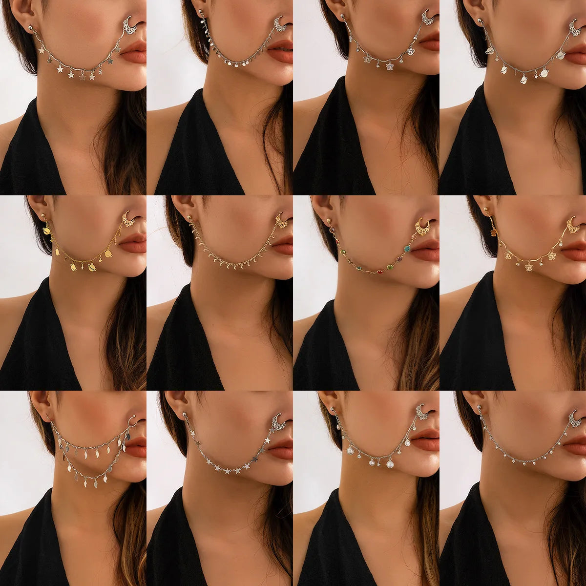 Gold Plated Tassel Earring & Nose Clip Chain